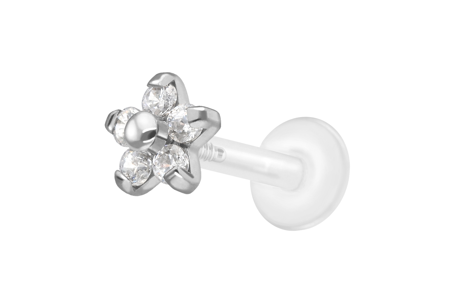 PTFE Labret Piercing mit Innengewinde + Titan-Aufsatz BLUME MIT 5 KRISTALLEN